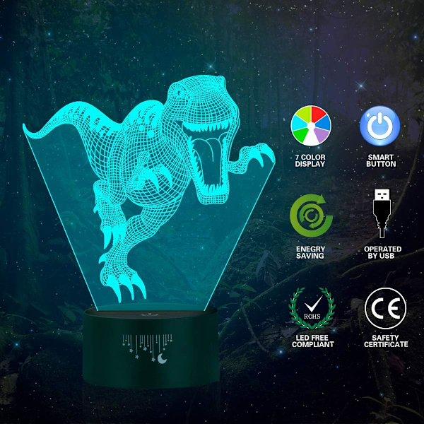 3D Nattlampa, LED-lampa för barn, Dinosaurie Leksaker för pojkar, 7 Färger Touch Bordsslampa, T-Rex Illusion Neon med USB, Baby Sovrumsslampor