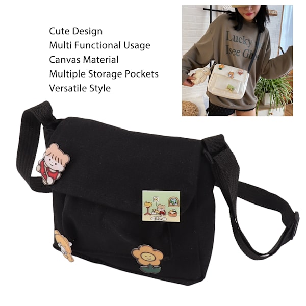 Sød Canvas Messenger Taske med 4 Pins Yndig Stil Multi Lommer All Match Skulder Messenger Taske til Kvinder  Canvas Black