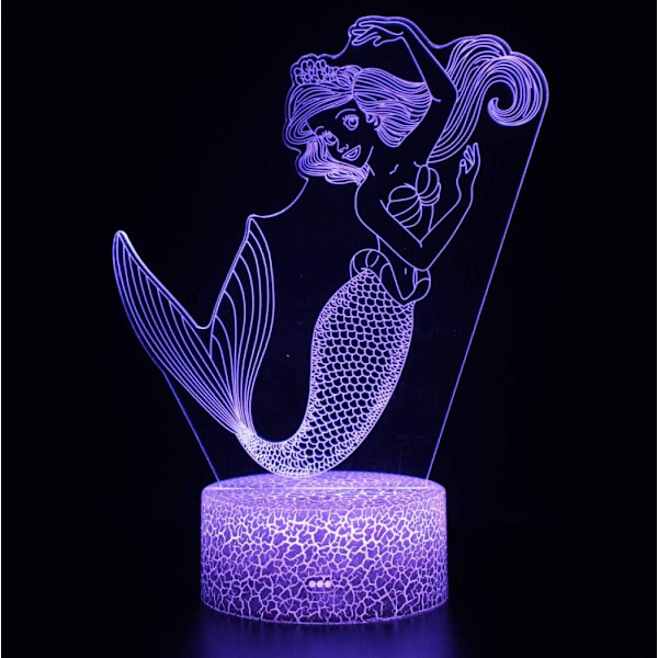 3D Illusion Lampe Havfrue Stemningslys 7 Farveskiftende Akryl LED Natlys USB Kabler Soveværelse Skrivebord Dekoration