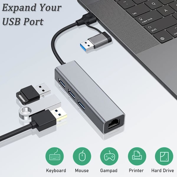 USB till Ethernet-adapter, VIENON USB 3.0-hubb med 1 Gigabit RJ45 Ethernet-port Nätverks-USB-nätverksadapter med USB C-adapter för bärbar dator