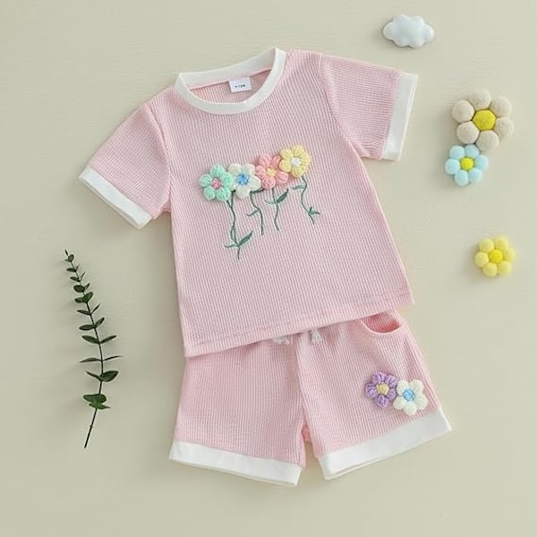 Taaperotyttöjen kesävaatteet vohvelikankaasta, 3D-kukkakoristeiset lyhythihaiset topit, joustavat vyötäröiset shortsit, söpöt vauvan asut pink 12-18M