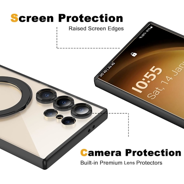 Samsung Galaxy S24 Ultra 6.9 Skal med Magnetisk Ringstativ [Kompatibelt med Mag-Safe] [Fullständigt Kameralinsskydd] Pläterad Klar Pho Black