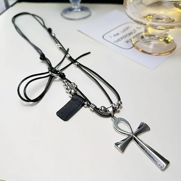 Ankh Vedhæng Halskæde til Mænd Kvinder Sort PU Læder Knude Halskæde Sølv Perler Lange Halskæder 34 Tommer Tov Kæde Ægyptisk Religiøs Smykker