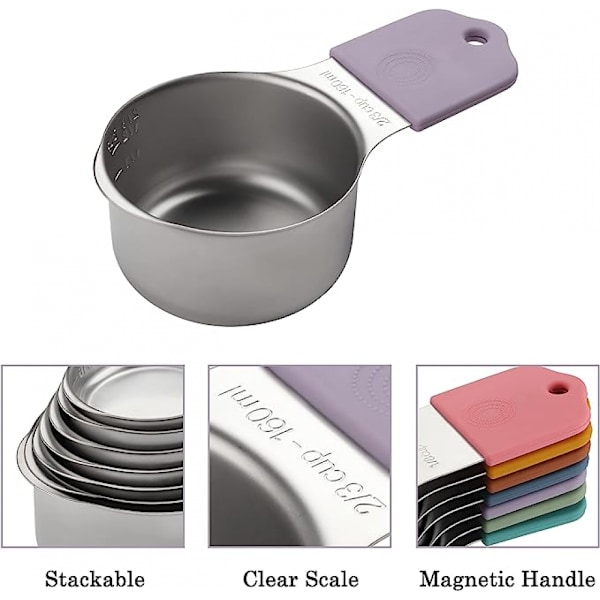Magnetiska mätkoppar Set om 7 Rostfritt stål Tunga mätkoppar för torra och flytande ingredienser (färg)