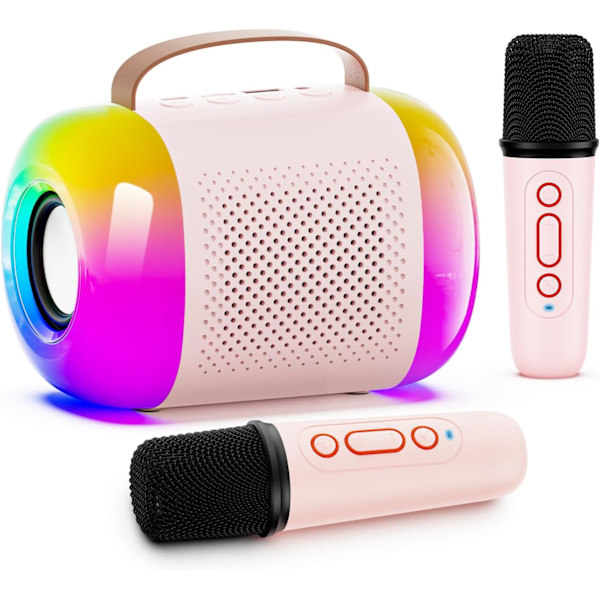 Mini Karaoke-maskine til børn og voksne, bærbar Bluetooth-højttaler med 2 trådløse mikrofoner og LED-farvede lys, fødselsdagsgaver