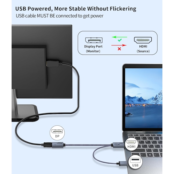 HDMI til Displayport Adapter 4K@60Hz, 2K@120Hz, 1080P@165Hz, HDMI (Kilde) Han til DisplayPort (Skærm) Hun Kabel med USB-strøm 20cm/0.65ft