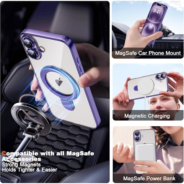 Kompatibel med iPhone 16 Plus Deksel med Magnetisk Ringstativ [Kompatibel med Mag-Safe] [Full Kamerabeskyttelse] Plating Klar Ph Purple