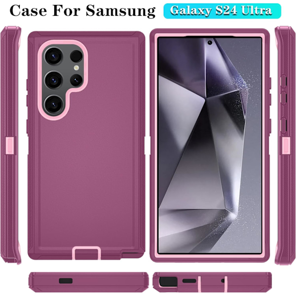 Kompatibel med Samsung GaIaxy S24 Ultra 6.8 tum Skal med HD Skärmskydd, Kraftigt stöttåligt & fallsäkert 3-Lagers Telefonskydd BeltClip_WineRed