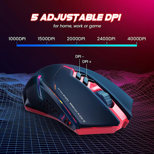 Trådlös Spelmus - USB Sladdlös PC-Tillbehör Datormöss med LED-Bakgrundsbelysning, Mus med 7 Tysta Knappar, 5 Justerbara DPI Plug&Play Red