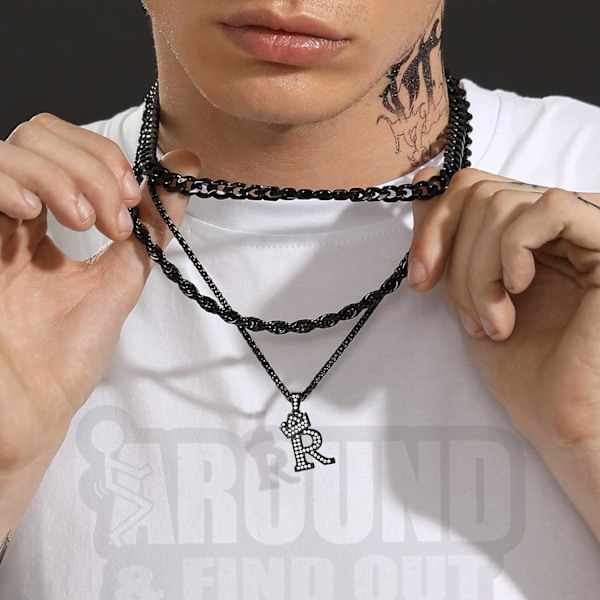 Krone Initial A-Z Halskjede, Iced Out Bokstavanheng med 22-24 Tommers Kjede, Menn Kvinner Bling Hip Hop Alfabet Navn Smykker Gave Store Initialer Halskjeder R Black