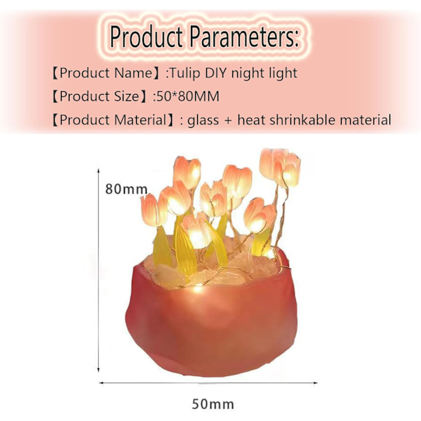 Natlampe, DIY Tulipan Lampe Håndlavet Møbel Dekoration Simuleret Blomst Soveværelse Sovebord Bordlampe Børn Pige (10 Blomster)