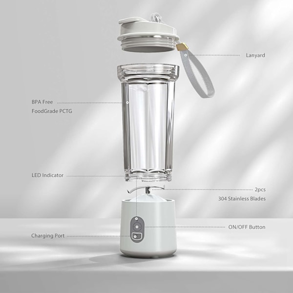 Bärbar Blender för Shakes och Smoothies 17Oz, Personlig Blender 4000mAh USB Laddningsbar, 500ml Bärbar Juicer för Kök/Resa/Gym White