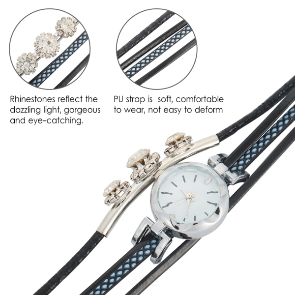 Dam Rhinestone PU-rem Rund Urtavla Quartz Armband Watch Armbandsur (svart)