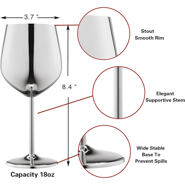 Vinglasssett med 4, 18oz rustfritt stål vinglass, uknuselig og bærbart vinglass med stett for utendørs, reiser, camping og basseng Silver