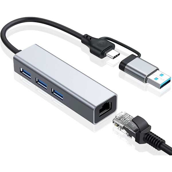 USB till Ethernet-adapter, VIENON USB 3.0-hubb med 1 Gigabit RJ45 Ethernet-port Nätverks-USB-nätverksadapter med USB C-adapter för bärbar dator