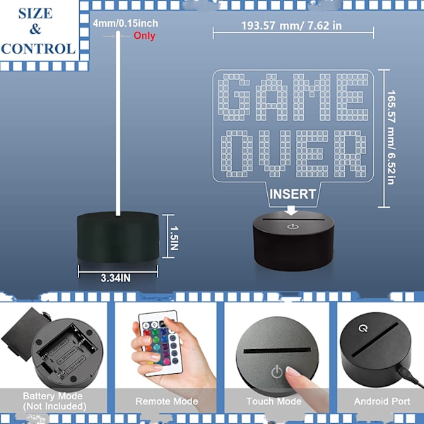 Game Over LED 8-bit Lampe Nattlys 3D Illusionslampe for Barn, 16 Farger Skiftende med Fjernkontroll, Barnerom Spillrom Gamer Gavedekorasjon som Gaver