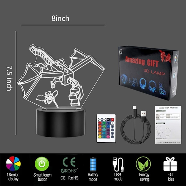 3D Yövalo Lapsille, 16 Värillinen Illuusio Pöytälamppu Kaukosäätimellä, USB Latautuva Sängynpääty- ja Työpöytävalo Lapsille Syntymäpäivä- ja Joululahjaksi B