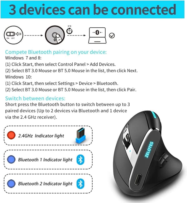 Trådløs Bluetooth Ergonomisk Vertikal Mus Programmerbare Tilpassede Knapper Indbygget Hukommelse USB Computermus til Kontor Spil Højre Hånd PC Mus