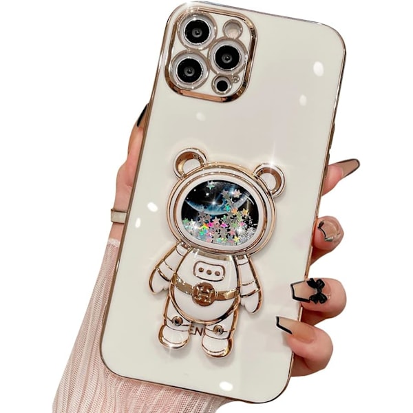 Kompatibel med iPhone16plus Deksel, Søte Astronauter Glitter Blinkende Flytende Sand Elektroplettert Holder Støtte sh0ckp White