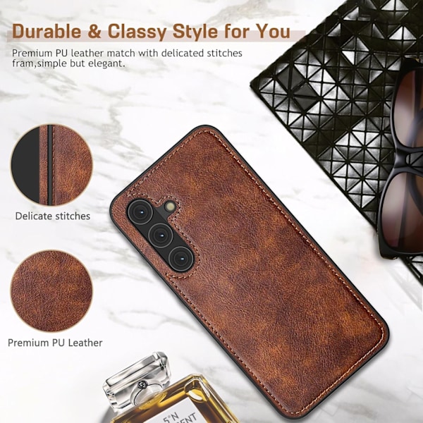 Samsung Galaxy S24+plus 6.7 tum Skal, Premium Läder Klassisk Lyx PU Halkfritt Grepp Robust Stötfångare Stöttåligt Fullständigt Kroppsskydd Brown