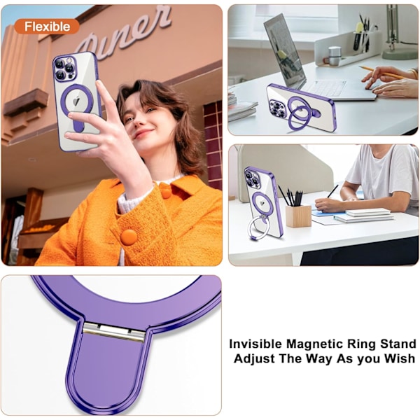 Kompatibel med iPhone 16promax Cover med Magnetisk Ring Stand [Kompatibel med Mag-Safe] [Fuld Kameralinse Beskyttelse] Belægning Klar Purple