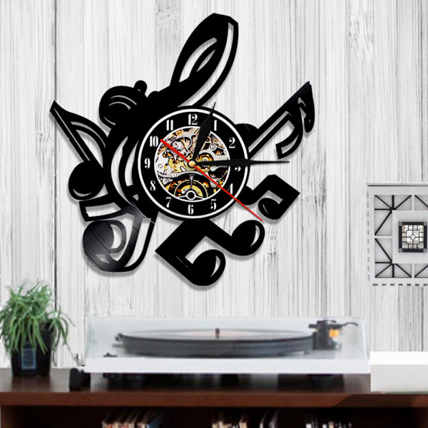 Musikvynil väggklocka - Notmönster vinyl väggklocka - Vinylklocka - Vardagsrumsväggdekor - Unika presenter till musikälskare