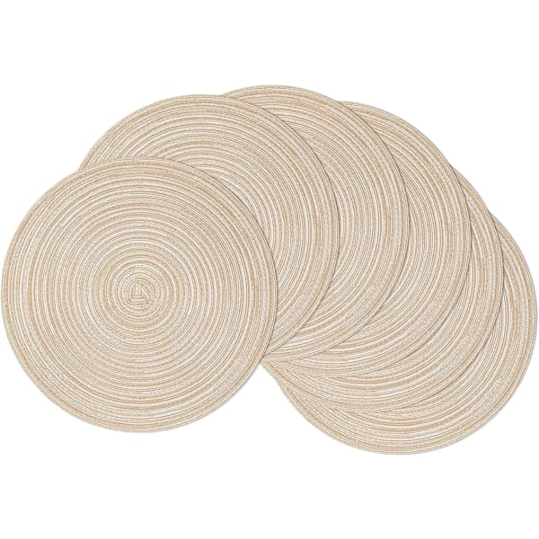 15 tommer Runde Flettede Bordbrikker Sett med 6 Sklisikre Varme Runde Bordmatter Vaskbare Bordbrikker for Festborddekorasjon (Beige, 6) 15inch