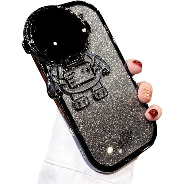 Astronaut Skjult Stativ Telefondeksel for iPhone 16 Pro Kamerabeskyttelse Luksus Glitter Bling 6D Elektroplettert Klar Myk TPU Beskyttelse A Black