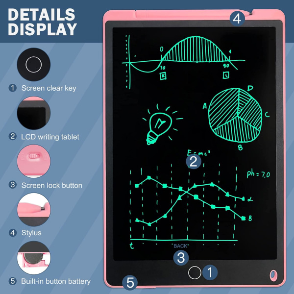 LCD-skrivebrett, 12-tommers håndskrift Business Ewriter innebygd skjermlås og magnet for barn og voksne ， Rosa