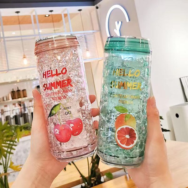 Sommar Dubbelskiktad Kallvattenkopp i Plast för Utomhussporter, Gul, 350 ml