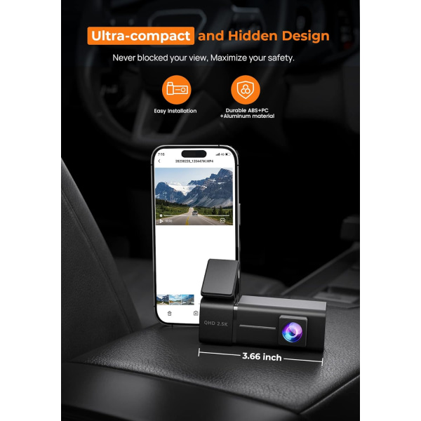 Dashcam, 2.5k 1440P WiFi Dashcams, Dashkamera för bilar med APP, Mini bilkamera, Gratis 32GB SD-kort, Nattvision, 24H parkeringsläge, G-sensor, Loo Black