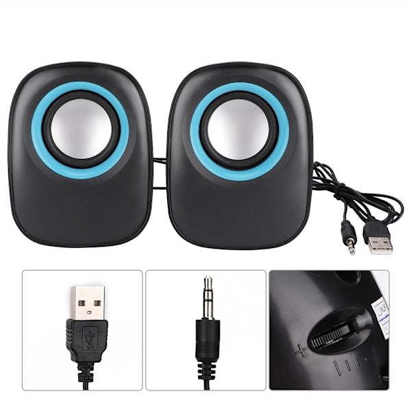 Mini 3.5MM USB Stereo Desktop Laptop PC Computer Multimedia Højttaler Sort+Blå (Dobbelt spor)