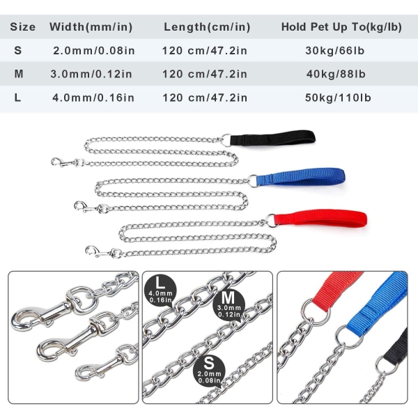 Forkrommet metall hundekjede, tungt tyggebestandig kobbel med polstret håndtak, gåtur, trafikktrening, reiser, 4' /3,0 mm mellomkjede