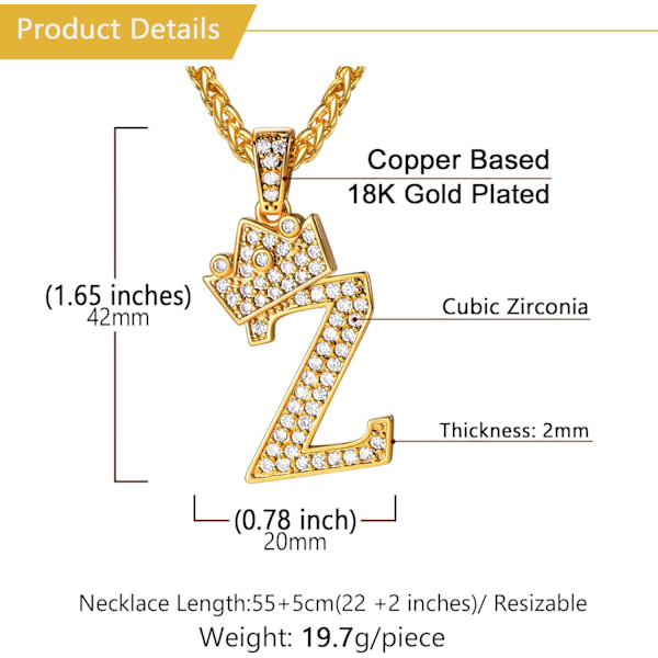 Krone Initial A-Z Halskæde, Iced Out Bogstav Vedhæng med 22-24 Tommer Kæde, Mænd Kvinder Bling Hip Hop Alfabet Navn Smykker Gave Store Initialer Halskæder Z 18K Gold