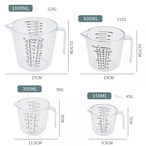 Graderad plastmättkopp, stor kapacitet millilitermätare, köksvärmebeständig mätkopp, används för bakning, matlagning, etc.（4PCS）