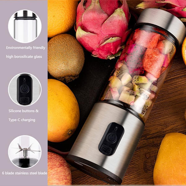 Bärbar Blender, 14 Oz Personlig Blender För Shakes och Smoothies med 6 Blad, Rostfritt Stål Mini Blenderkopp, 4000mah Usb Laddningsbar