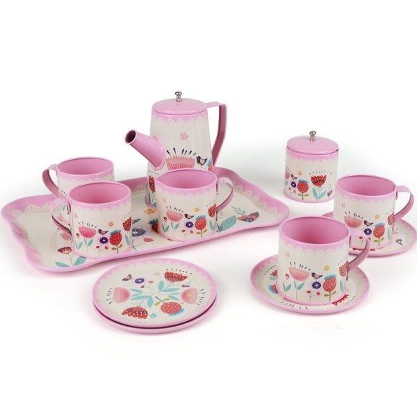 Te-sett for barn, rosa blikk-teselskap for små jenter, te-sett for småbarn, lekeretter prinsessleker