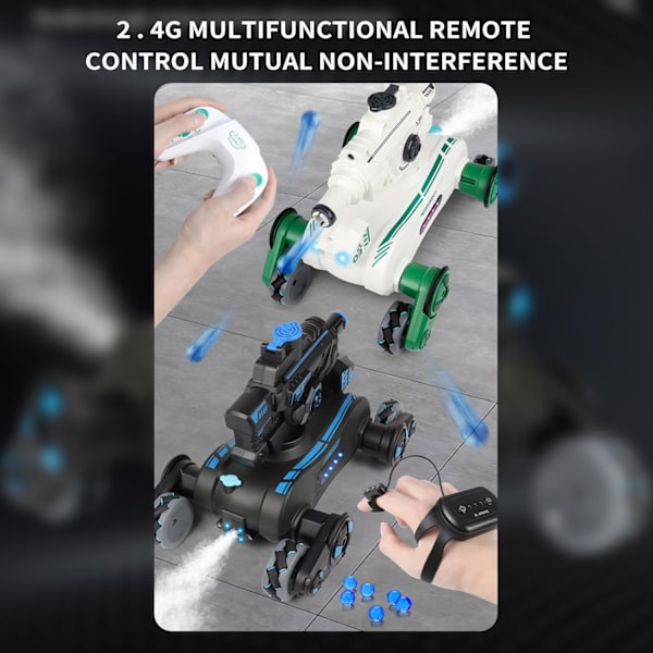 RC-tempputyylikko, joka ampuu vesiluoteja, eleohjattava kauko-ohjattava tankki 360 asteen pyörityksellä, suihkulla, 2,4 GHz:n 4WD RC-autot, joissa on 2 akkua lapsille
