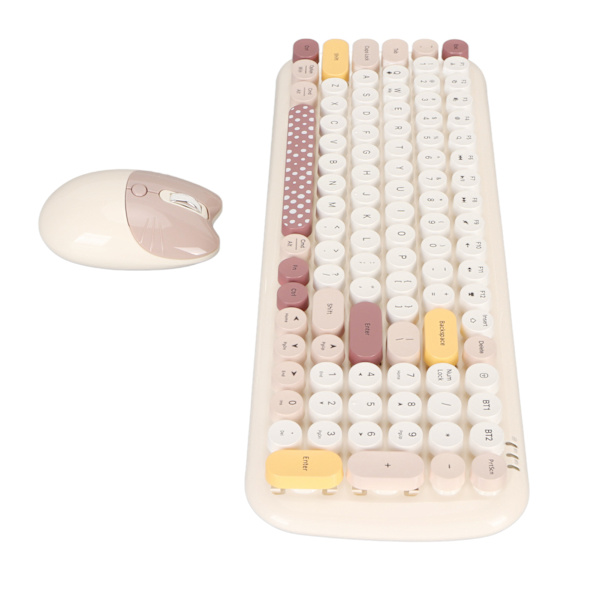 Langaton näppäimistö ja hiiri, värikäs, täysikokoinen kirjoituskoneen näppäimistö, söpö optinen hiiri Windows PC -kannettavalle tietokoneelle, beige