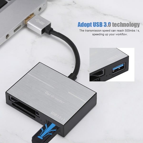 Multifunktionell USB 3.0-kortläsare med hane och hona för XQD / minneskortplats (silver)