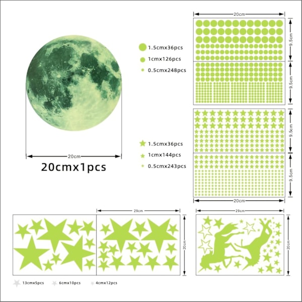 Glow in the Dark Stars Moon Wall Decals Luminous Unicorn Castle Wall Stickers 893 Pcs DIY Wall Decor för barnrum Green-2 30cm*Moon