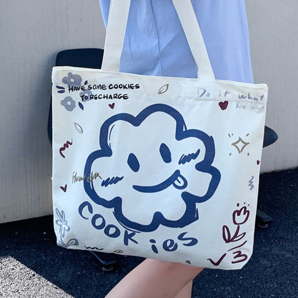 Kvinners lerret skulderbag med stor kapasitet, tegneserie mønster allsidig dame håndveske for reise shopping skole en størrelse Sunflower Beige