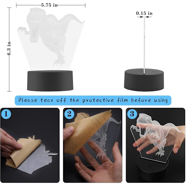 4 Mönster 3D Dinosaurie Nattlampa, 16 Färger Bytbar Dimbar Illusionlampa med Fjärrkontroll och Smart Touch-funktion, Dinosaurie Leksakspresent