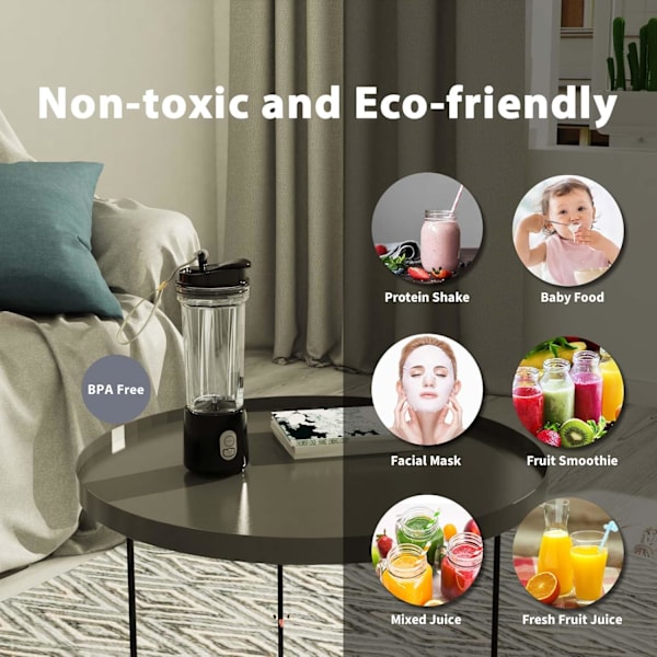 Bærbar Blender til Shakes og Smoothies 17Oz, Personlig Blender 4000mAh USB Genopladelig, 500ml Bærbar Juicer til Køkken/Rejse/Træning Black