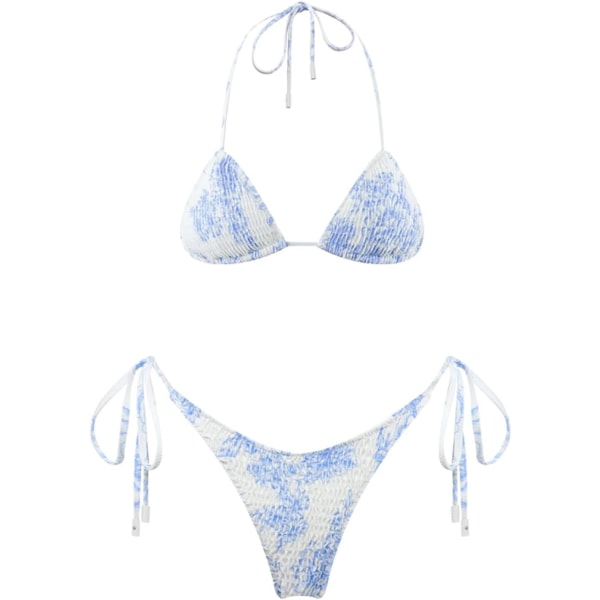 WJSM Dame Trekantet Bikini String Badetøj Print Binde Smocked Ruched Todelt Badedragt Sæt Light Blue M