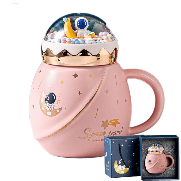 Kahvimuki kannella, Kawaii-kuppi Uutuusmuki kahville, teelle ja maidolle, 15Oz/450Ml Kawaii-muki Söpö astronautti-muki laatikolla lapsille, sukulaisille, pe