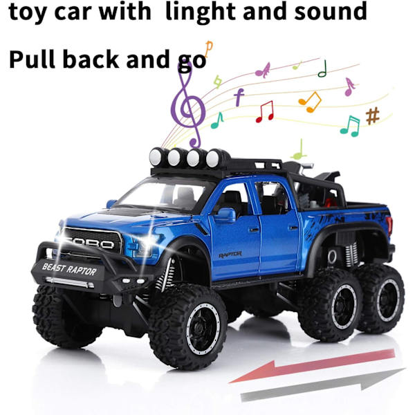 SASBSC Legetøjs Pickup Trucks til drenge F150 Raptor Diecast Metal Modelbil med lyd og lys til børn i alderen 3 år og opefter BLÅ