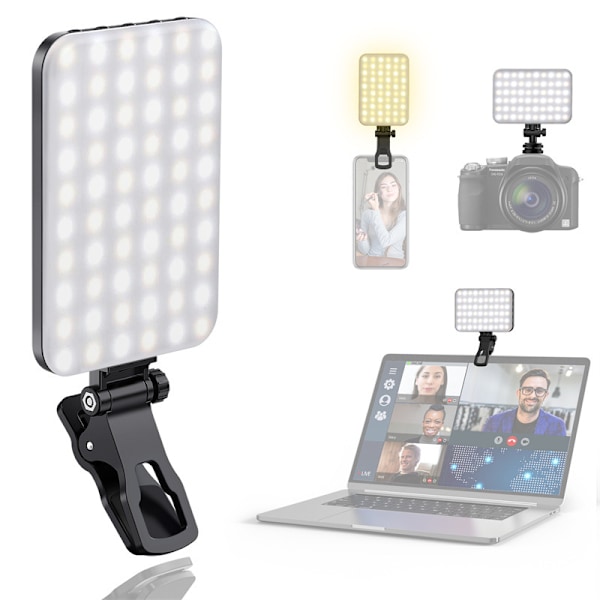 Selfie Lys, 60 LED Telefonlys, Lys 2000Mah Genopladelig Clip Video Lys, 10-Niveaus Lysstyrkejustering, CRI 95+, 3 Lys Tilstande black