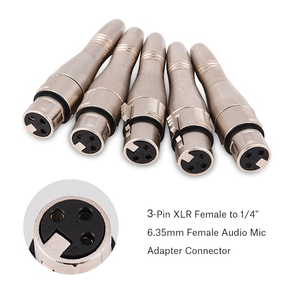 3-polet XLR hun til 1/4\" 6,35 mm hun jackstik lydmikrofonadapter-stik 5 stk.