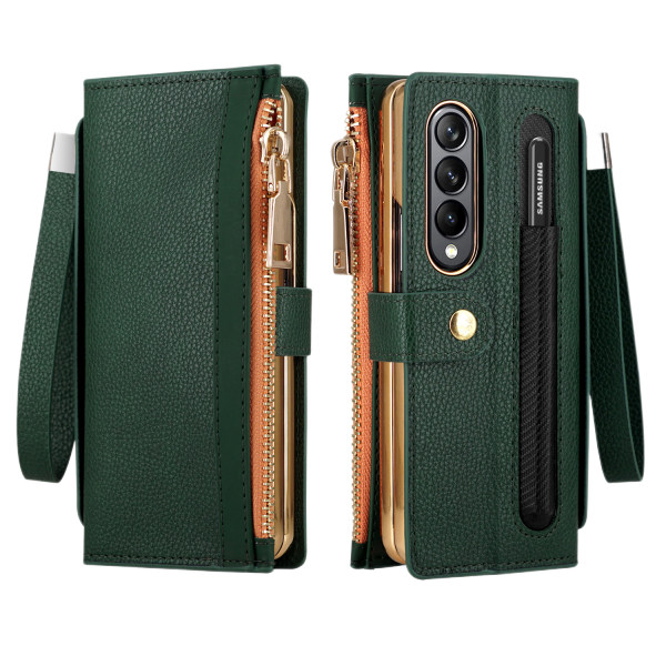 For Samsung Galaxy Z Fold 4 Lommebokveske med S Pen-holder, PU-lær glidelåsveske med magnetisk lukking Kortlomme og håndleddsstropp